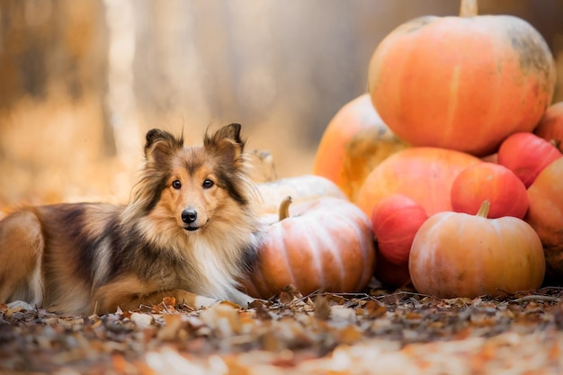 Dog with pumpkins. Halloween holidays. Shetland Sheepdog with pumpkin. Harvest. Thanksgiving day. Sh