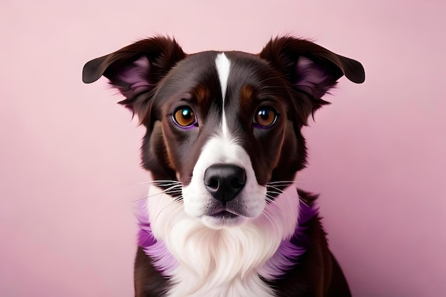 A dog with a purple collar and a purple collar