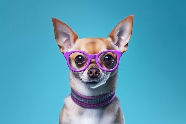 A dog with a purple glasses on it