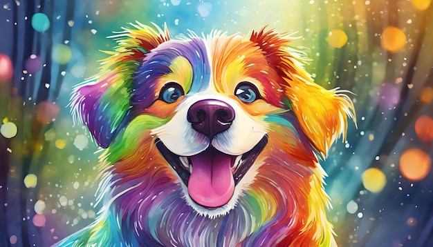 Photo a dog with a rainbow colored face is smiling