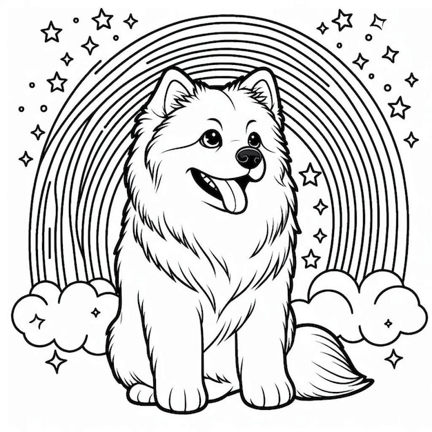 Dog with rainbow coloring page for children ai generated