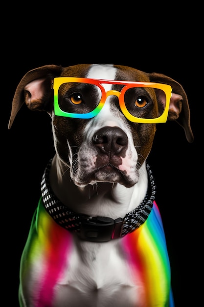 A dog with a rainbow eye and glasses lgbtq