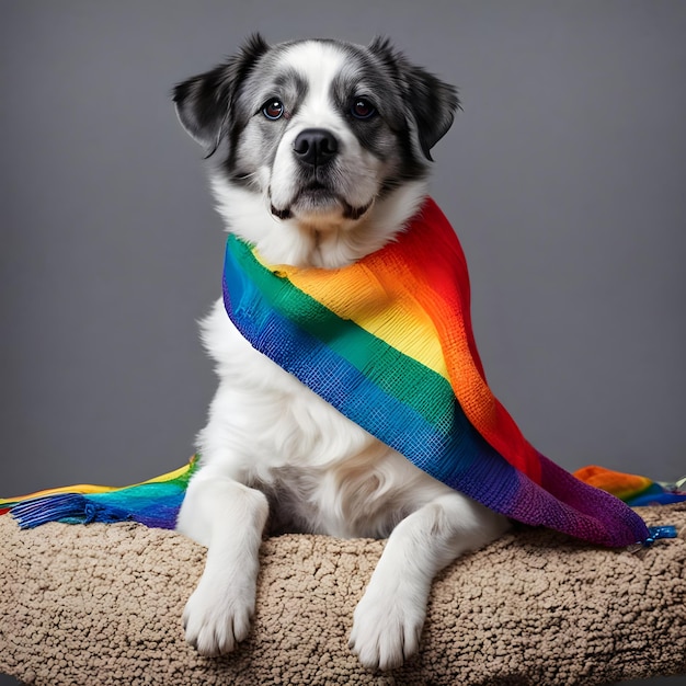 a dog with a rainbow scarf on its neck