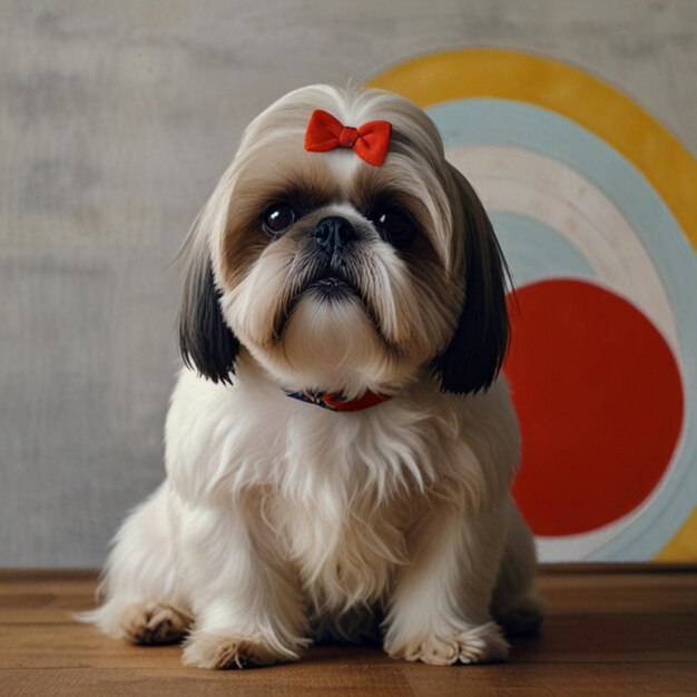 Photo a dog with a red bow on its head sits on a wooden floor