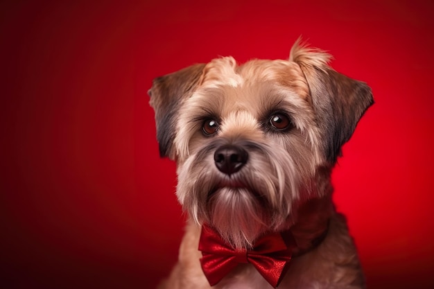 A dog with a red bow tie on it