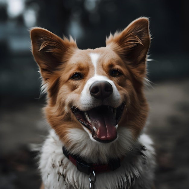 A dog with a red collar and a black collar is smiling.