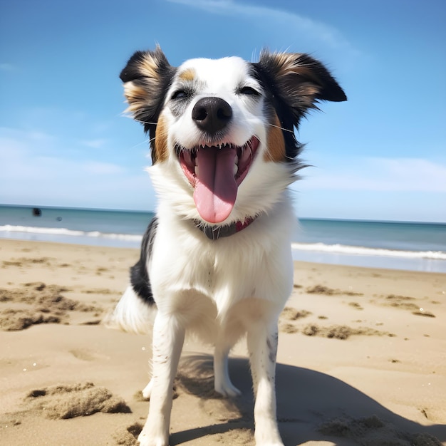 A dog with a red collar on is standing on a beach.