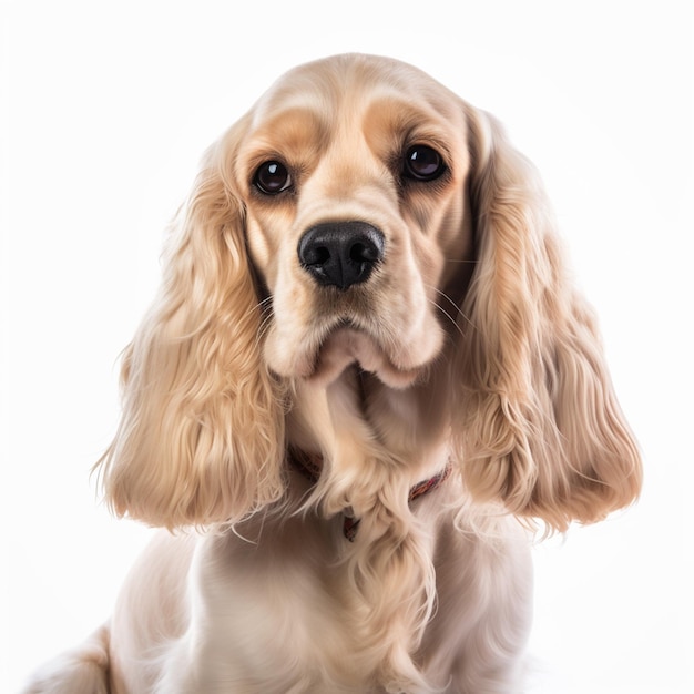 A dog with a red collar and a red collar is sitting in front of a white background.