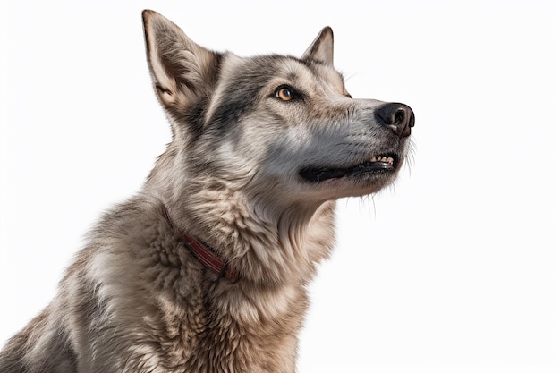 A dog with a red collar and a red collar looks up at the sky.