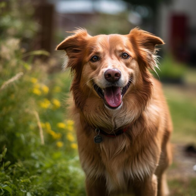 A dog with a red collar and a red collar stands in a field of flowers.