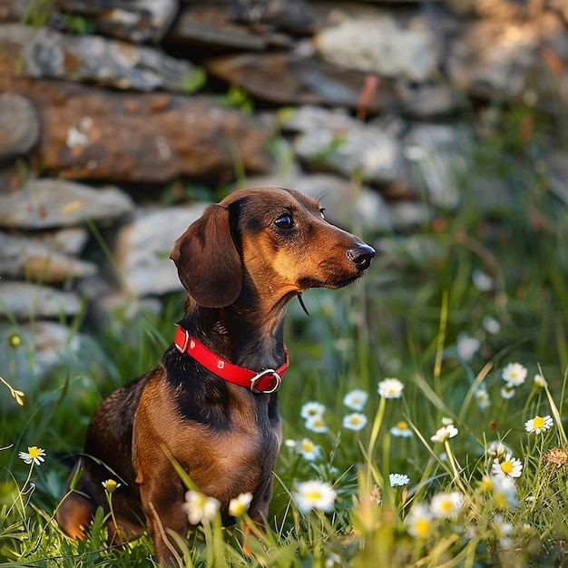 Photo a dog with a red collar sits in the grass with daisies in the background