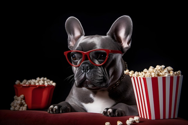 A dog with red glasses and a box of popcorn