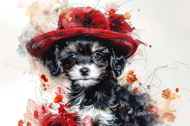 Photo a dog with a red hat and flowers