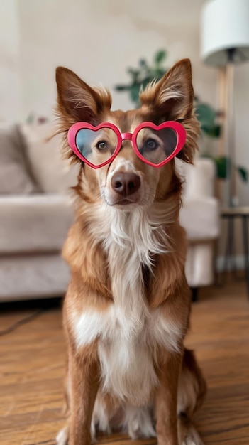 Dog with red heart glasses