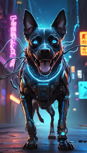 a dog with robot parts is running down the neonlighted street