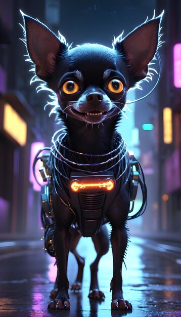 a dog with robot parts is running down the neonlighted street