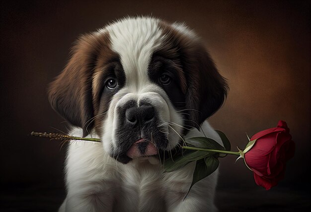 A dog with a rose in his mouth