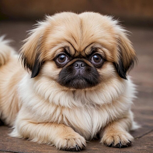 Photo a dog with a sad face sits on a wooden surface