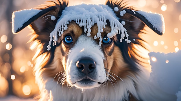 a dog with the snow on his head