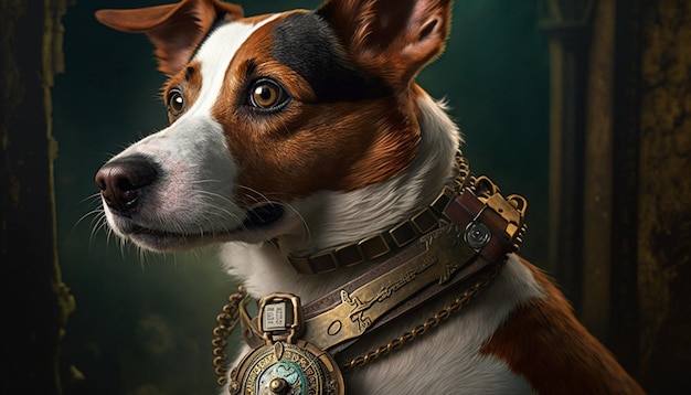 Dog with a steampunk watch lanyard Ai generative