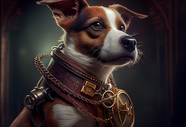 Dog with a steampunk watch lanyard around his neck protecting a safe Generate Ai