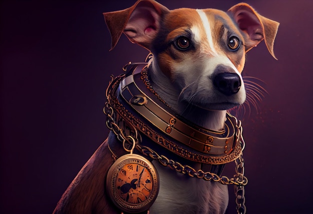 Dog with a steampunk watch lanyard around his neck protecting a safe Generate Ai