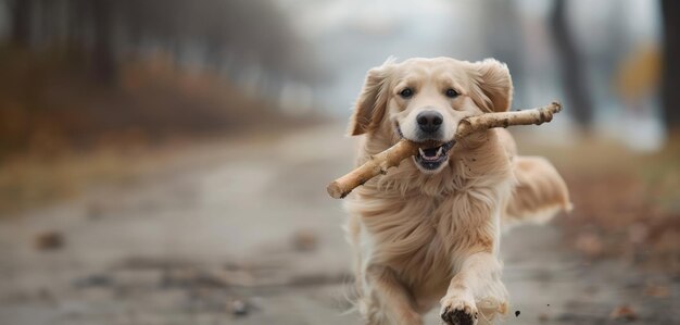 a dog with a stick in his mouth is running with a stick in his mouth