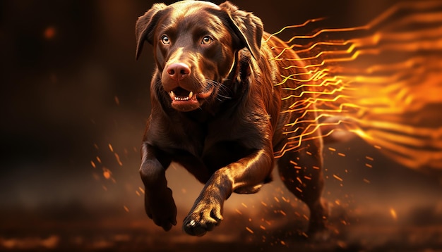 Photo a dog with a sticker on its face is running in front of a fire