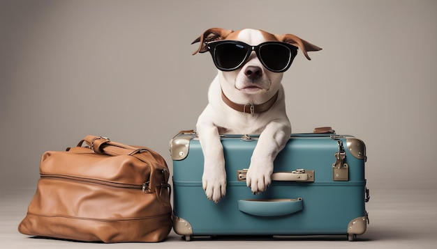 a dog with sunglasses and a hat is sitting on a suitcase