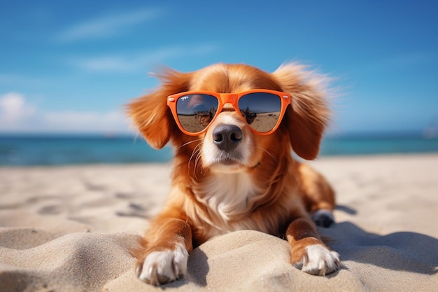 A dog with sunglasses resting on the sandy beach during a sunny day Generative Ai