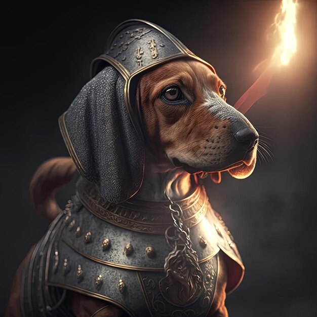 Photo a dog with a sword in his mouth and a fire in the background