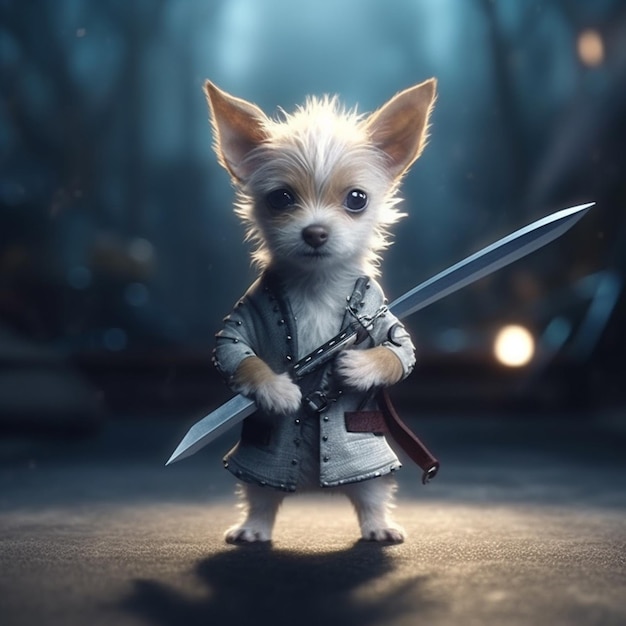 A dog with a sword is standing in front of a forest.