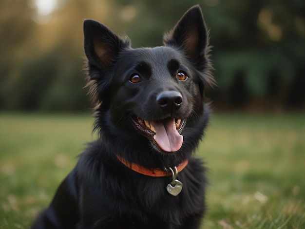 a dog with a tag on its collar is sitting in the grass