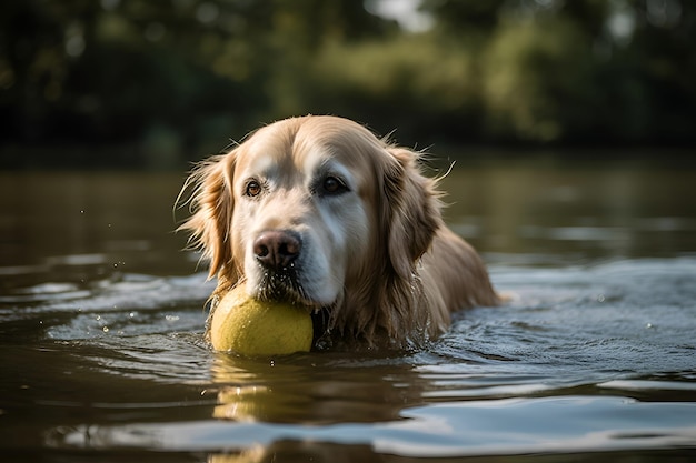 A dog with a tennis ball in his mouth