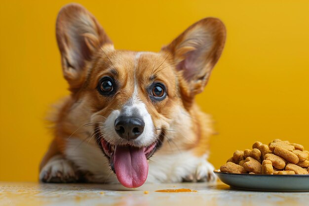 Dog with tongue out reaching for food on table yellow background