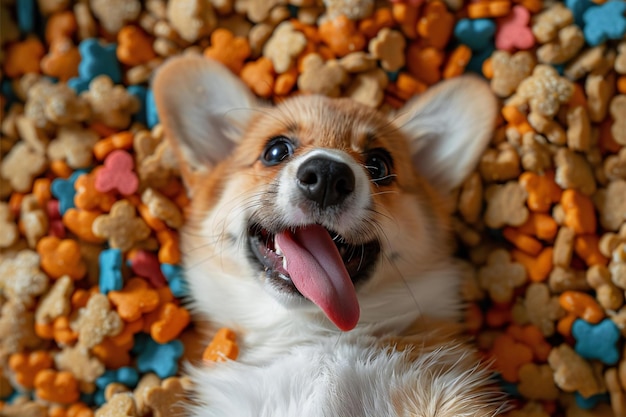 Photo a dog with a tongue sticking out is laying on a bed of dog toys