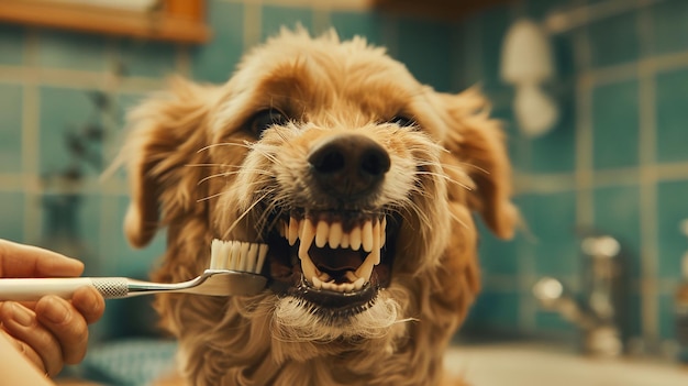 Photo a dog with a toothbrush in its mouth is chewing on a toothbrush