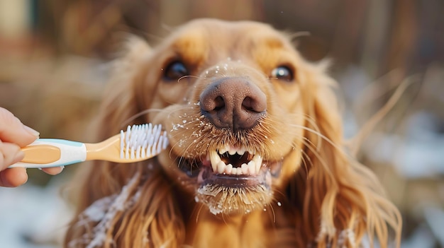 a dog with a toothbrush in its mouth that has the dogs teeth showing