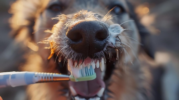 a dog with a toothbrush in its mouth that has the word tooth on it