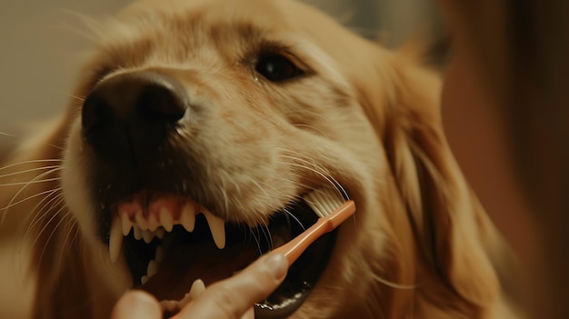 a dog with a toothbrush in its mouth