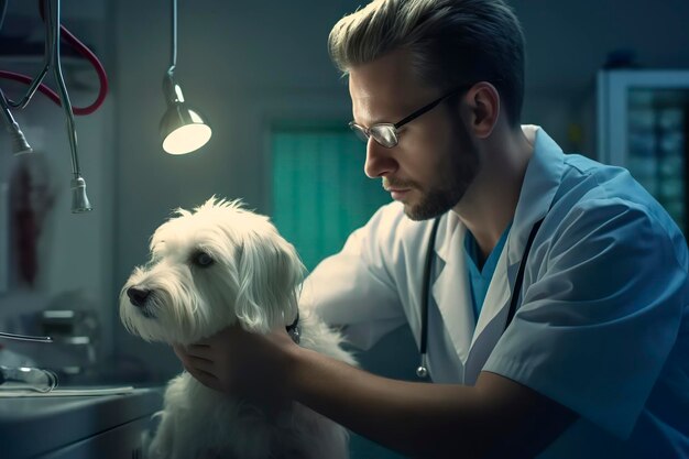 dog with a vet tech looking at him