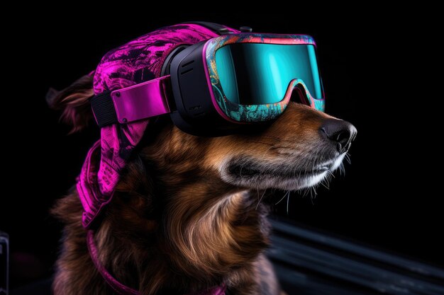 Dog with VR glass on neon lighting in dark background