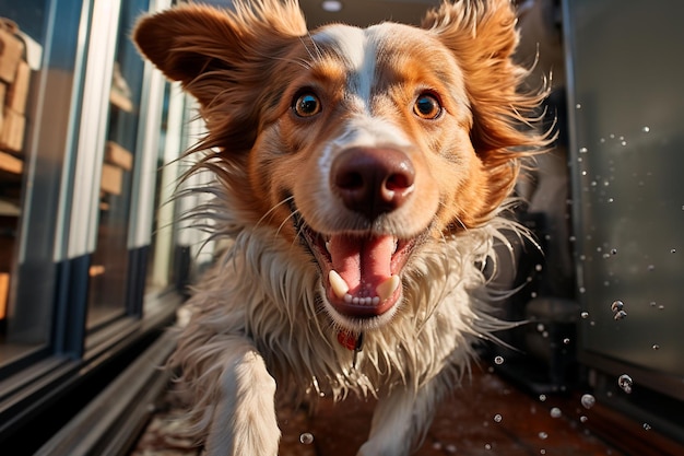 dog with wet hair in the house pet