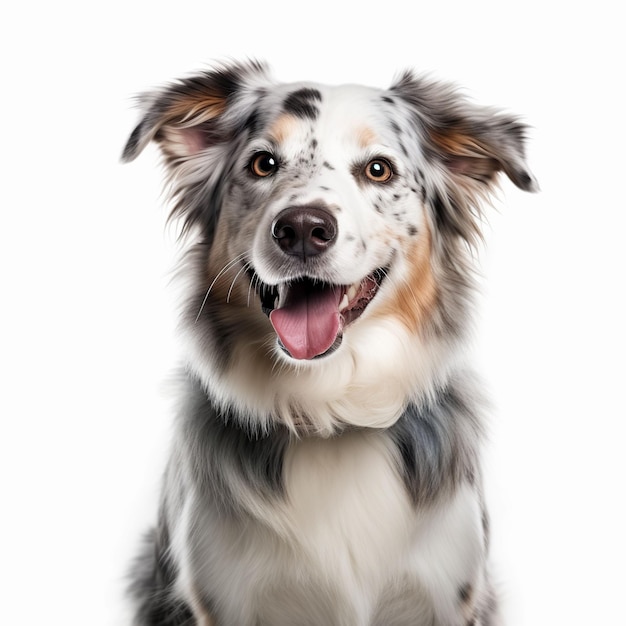 A dog with a white and black face and a pink tongue.