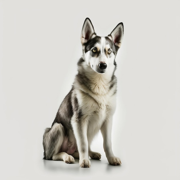 A dog with a white and black face and yellow eyes sits in front of a white background.