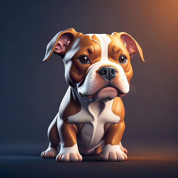 A dog with a white and brown face is sitting in front of a dark background.