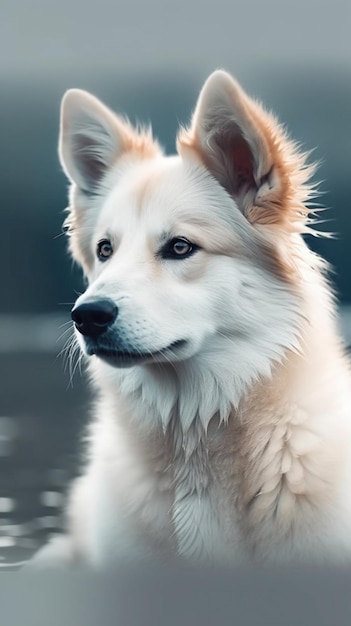 A dog with a white face and black eyes