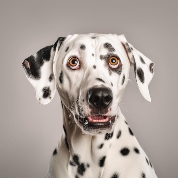 A dog with a white face and black spots is looking at the camera.