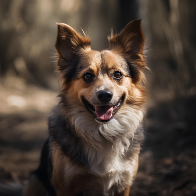 A dog with a white patch on its chest is sitting in the woods.