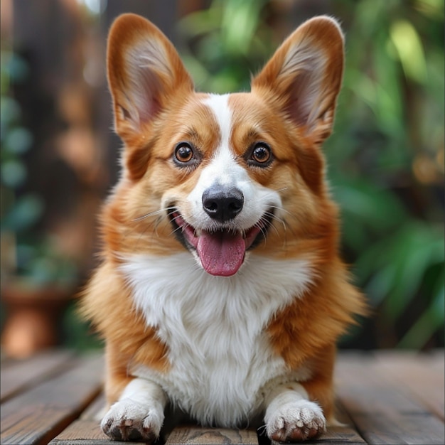 a dog with a white patch on its chest sits on a wooden table